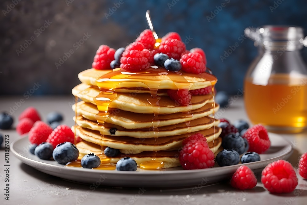 Delicious pancakes with fresh berries and syrup on grey table Delicious pancakes with fresh berries and syrup on grey table