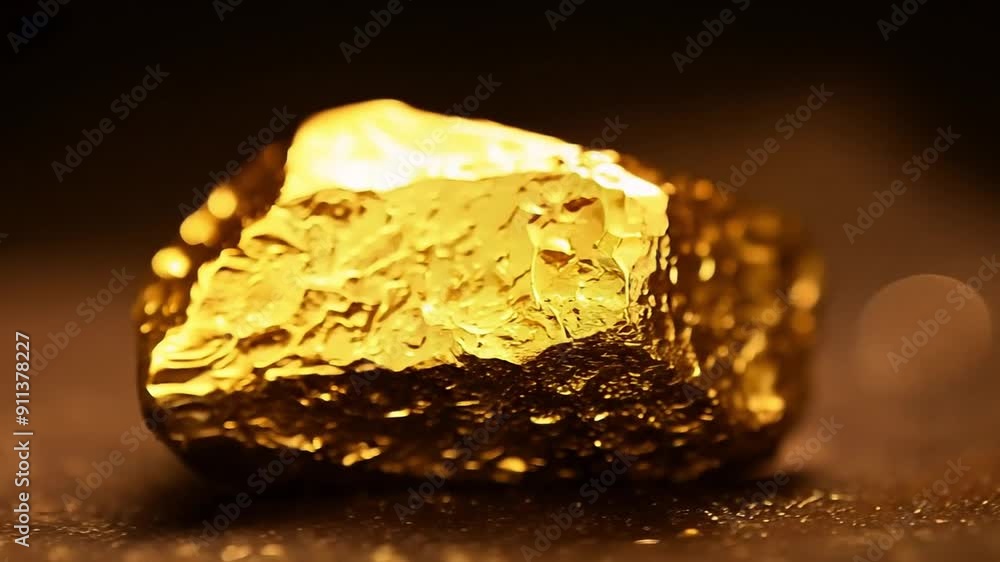 Close-Up of Shiny Gold Nugget on Dark Surface -  metal, wealth, precious, gold nugget, surface, investment
