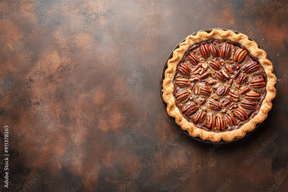 Homemade autumn pecan pie on a rustic background, top view with copy space. Homemade autumn pecan pie on a rustic background, top view with copy space.