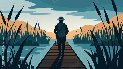 A silhouette of a hiker walking along a boardwalk through a wetland, with reeds swaying in the breeze