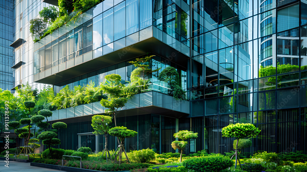 Fototapeta premium A tall urban building covered in a variety of plants, from ivy to vines, thriving in the urban environment. Greenery cascades down the façade, creating a striking contrast against the urban backdrop