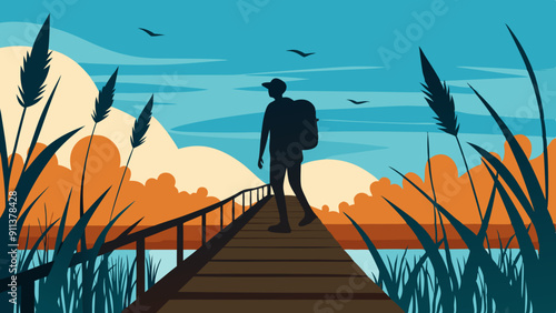 A silhouette of a hiker walking along a boardwalk through a wetland, with reeds swaying in the breeze