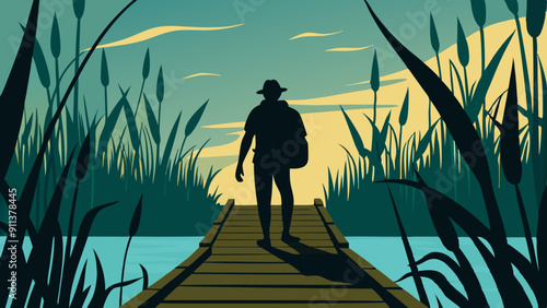 A silhouette of a hiker walking along a boardwalk through a wetland, with reeds swaying in the breeze