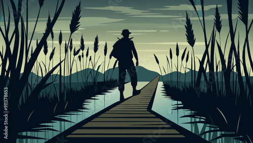 A silhouette of a hiker walking along a boardwalk through a wetland, with reeds swaying in the breeze