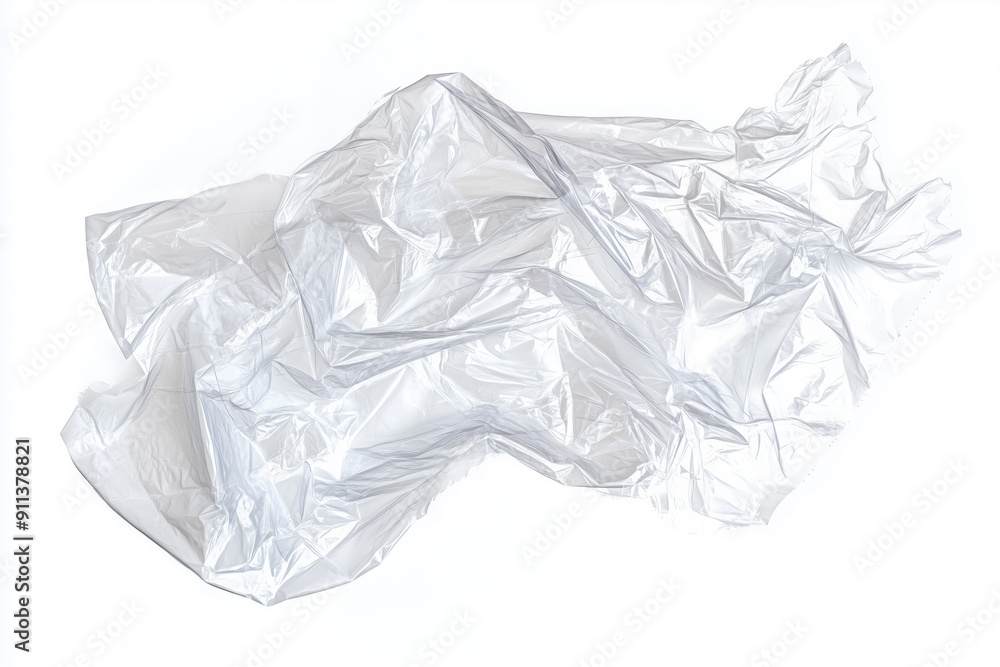 A transparent crumpled plastic bag on a white background, abstract shape A transparent crumpled plastic bag on a white background, abstract shape