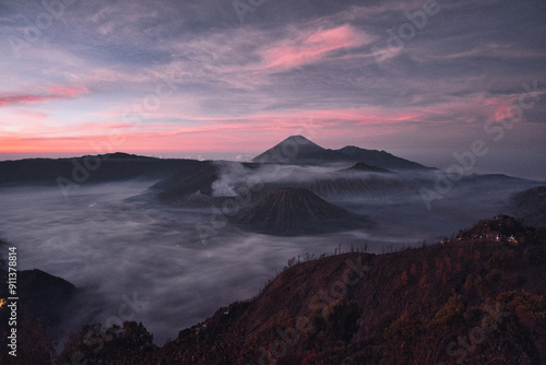 Mount Bromo volcano (Gunung Bromo) during sunrise on Mount Penanjakan, in East Java, Indonesia.