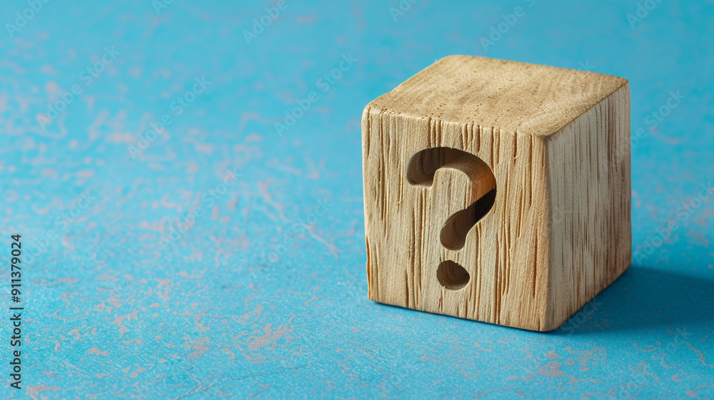 Wooden cube with question mark on blue background. Wooden cube with question mark on blue background.