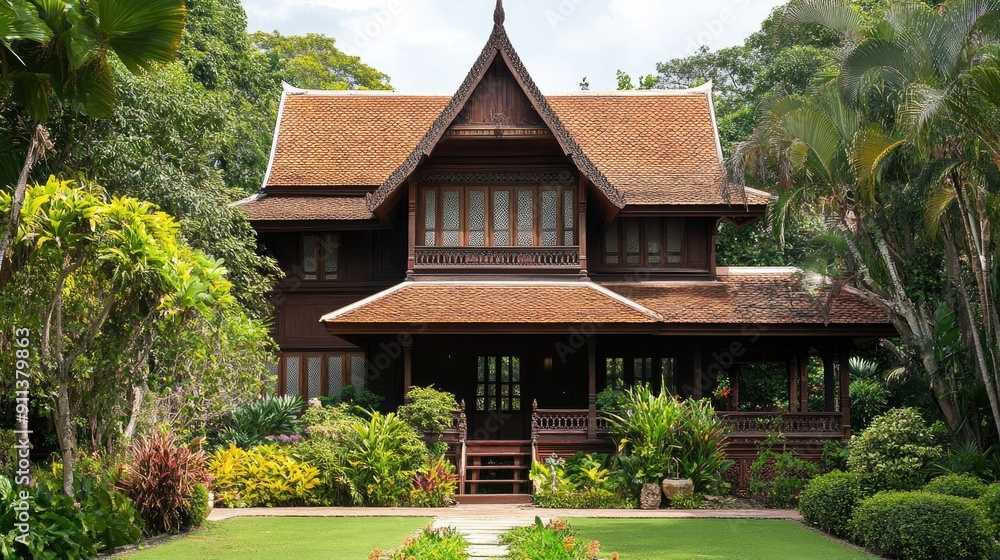 A picturesque scene of a Thai teakwood house with a steep, gabled roof and ornate finials, set in a tropical garden. A picturesque scene of a Thai teakwood house with a steep, gabled roof and ornate finials, set in a tropical garden.