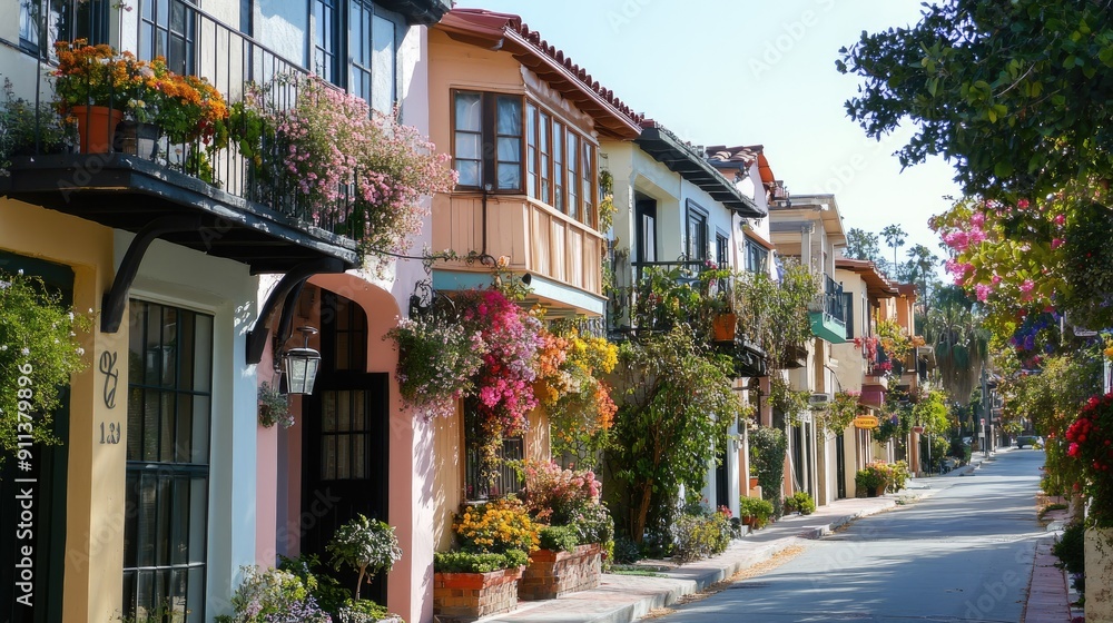 Fototapeta premium A picturesque street lined with pastel-colored houses, featuring charming balconies and flower-filled window boxes.