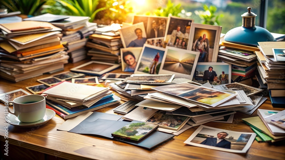 A Tapestry of Memories: A Desk Overflowing with Papers and Photographs AI generated A Tapestry of Memories: A Desk Overflowing with Papers and Photographs AI generated