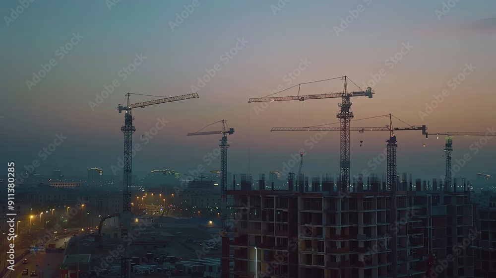 Construction site at dusk with cranes silhouetted against the sky. Construction site at dusk with cranes silhouetted against the sky.