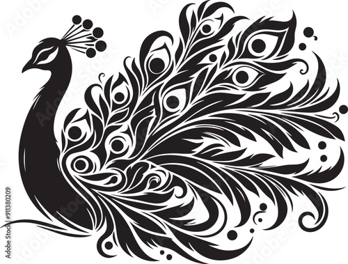 Pecock black and white vector silhouette