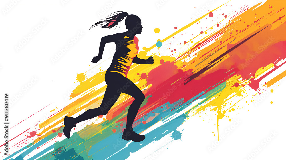 Fototapeta premium Running athletics sport woman colorful splash horizontal banner on white illustration with copy space. Generative AI graphic 