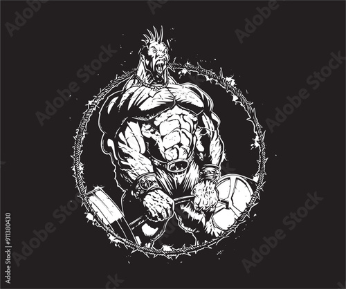 Heavy Body Builder Posing with Barbed Wire circle Black on White Vector for T-shirts and Wall Decal Workout Muscle Logo Fitness Bodybuilding Healthy Wall Sticker for Gym Decor	