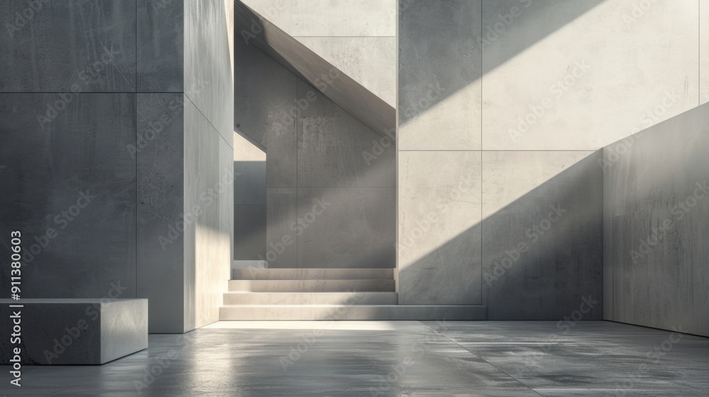 Sunlight illuminating modern minimalist concrete building interior. Sunlight illuminating modern minimalist concrete building interior.
