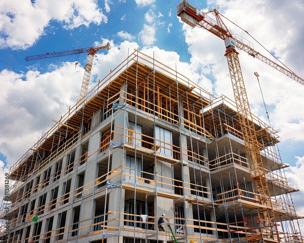 Construction site with a crane and a partially built concrete building. Construction site with a crane and a partially built concrete building.