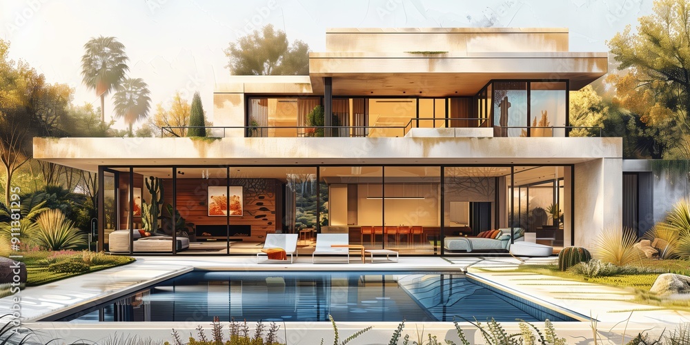 Luxurious tropical villa, modern design with a pool surrounded by lush greenery Luxurious tropical villa, modern design with a pool surrounded by lush greenery