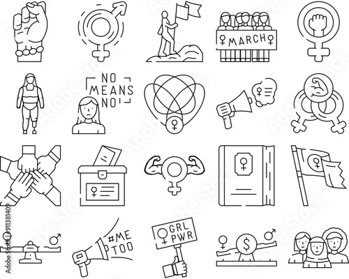 feminist female women icons set vector. activist woman, feminism strong, movement protest, fist power, girl, hand feminist female women black contour illustrations