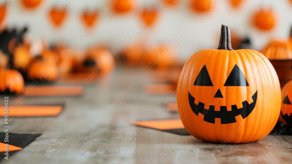 Business conference setup with Halloween-themed centerpieces and decorations on tables Business conference setup with Halloween-themed centerpieces and decorations on tables