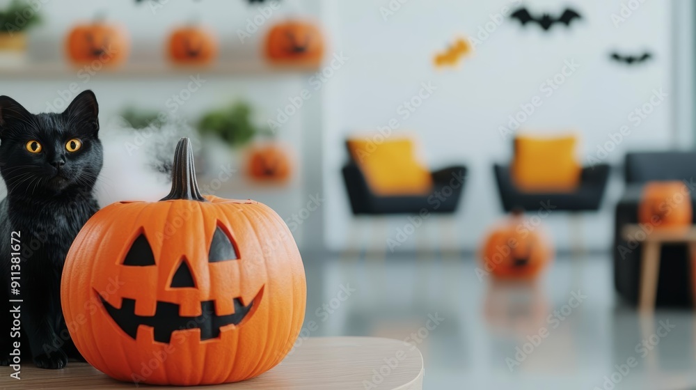 Business lounge area decorated with Halloween motifs, including pumpkins, black cats, and fog machines Business lounge area decorated with Halloween motifs, including pumpkins, black cats, and fog machines