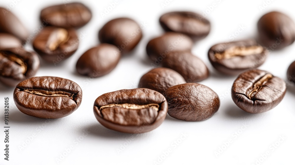 Fototapeta premium Arabica coffee beans scattered on a white surface, contrasting their rich color with a clean background.