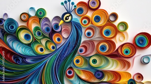 Complex paper quilling design forming a detailed peacock with elegantly curled feathers and rich, vibrant colors
