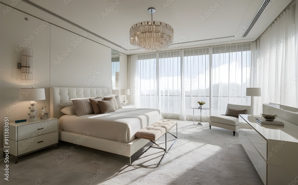 Fototapeta premium Elegant White Modern Bedroom with Plush Carpet and Natural Light