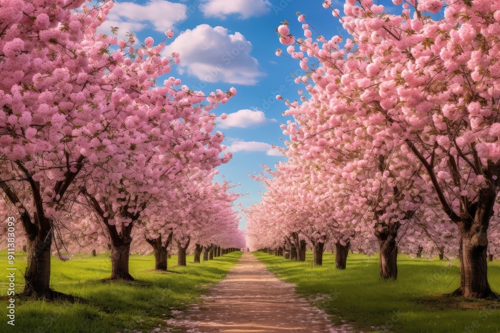 Serene Pathway through a Flourishing Cherry Blossom Orchard Under a Bright Blue Sky Serene Pathway through a Flourishing Cherry Blossom Orchard Under a Bright Blue Sky