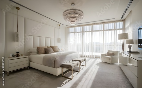 Elegant White Modern Bedroom with Plush Carpet and Natural Light