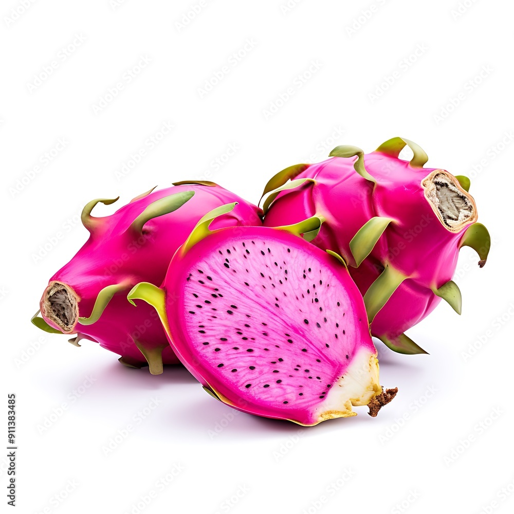 Delicious cut and whole dragon fruit (pitahaya) on white background Delicious cut and whole dragon fruit (pitahaya) on white background