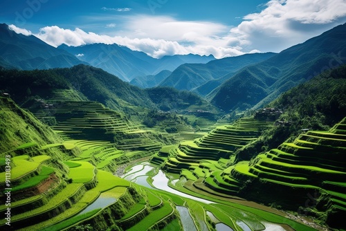 Breathtaking View of Verdant Rice Terraces Across the Rolling Hills of Banaue, Philippines