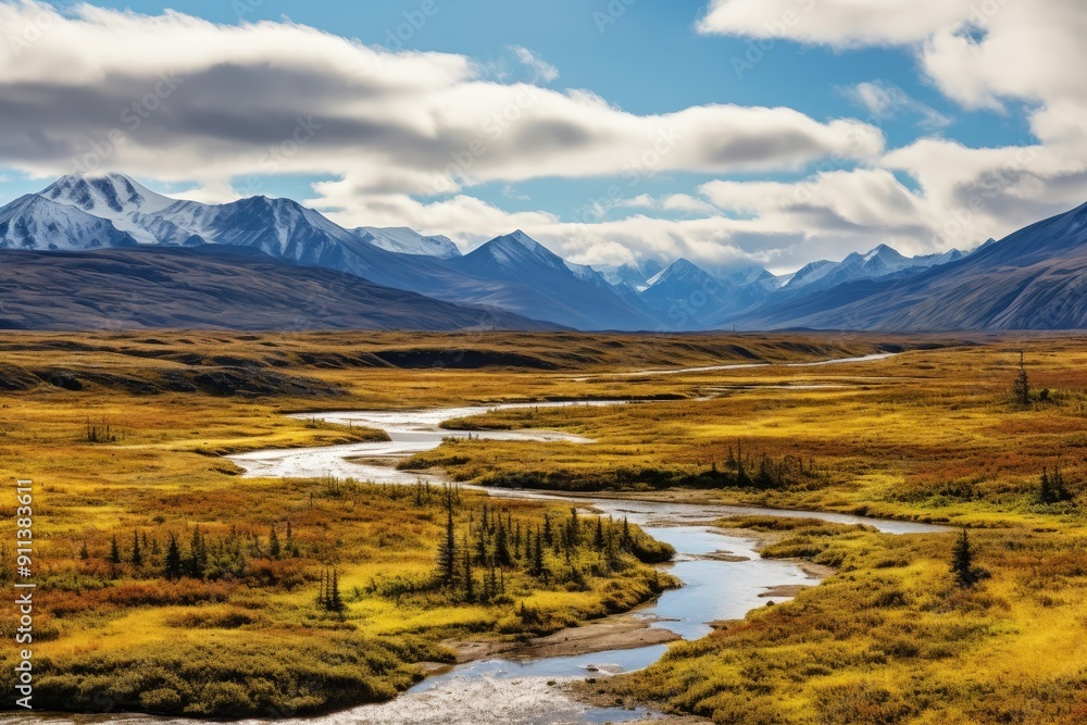 Serene Tundra Valley with Snow-Capped Peaks and Meandering River under a Blue Sky Serene Tundra Valley with Snow-Capped Peaks and Meandering River under a Blue Sky