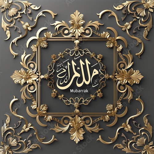 Ramadan Kareem Greeting Card. Arabic calligraphy with gold pattern on gray background.