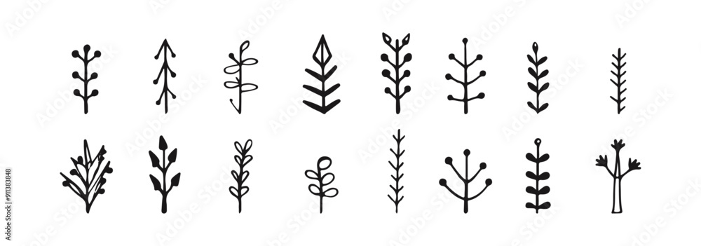 Naklejka premium A collection of 16 hand-drawn black outline plant stems and branches, isolated on a white background.