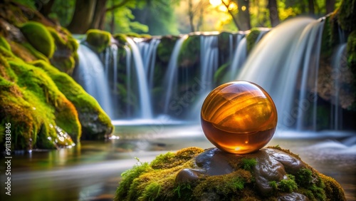 Honey Agate Sphere Under a Cascading Waterfall  AI generated photo