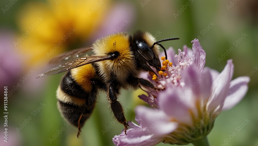 The image shows a bumblebee with black and yellow stripes The image shows a bumblebee with black and yellow stripes