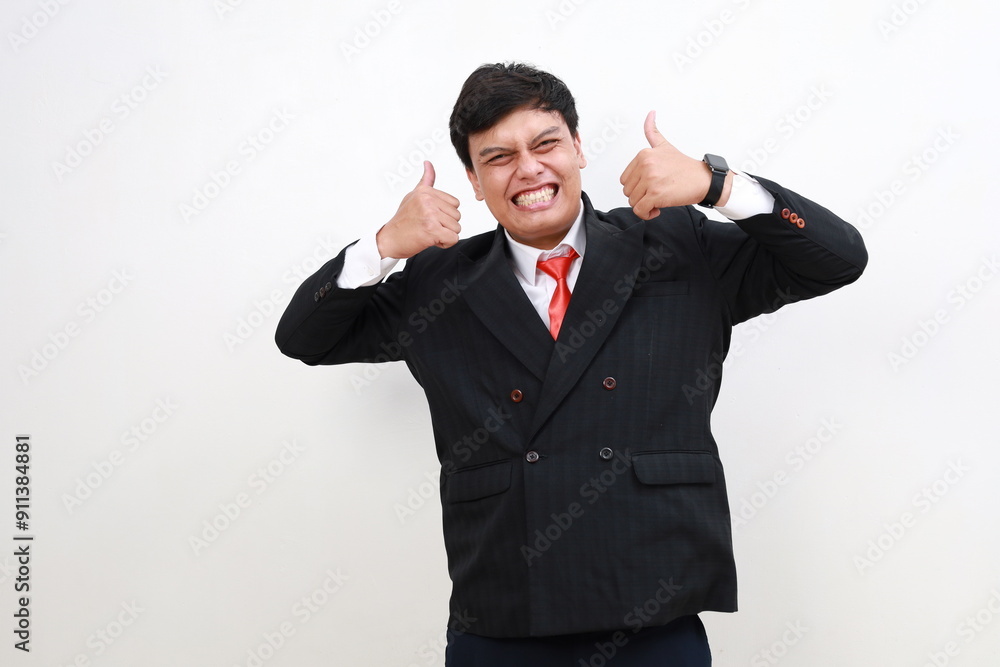Portrait of Asian adult working showing thumbs up. isolated on white