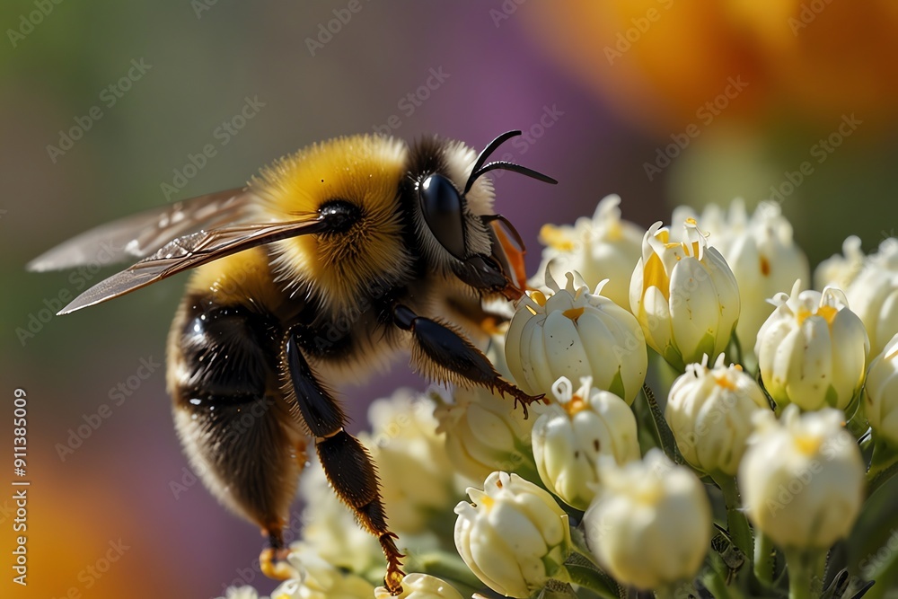 The image shows a bumblebee collecting nectar from a cluster The image shows a bumblebee collecting nectar from a cluster