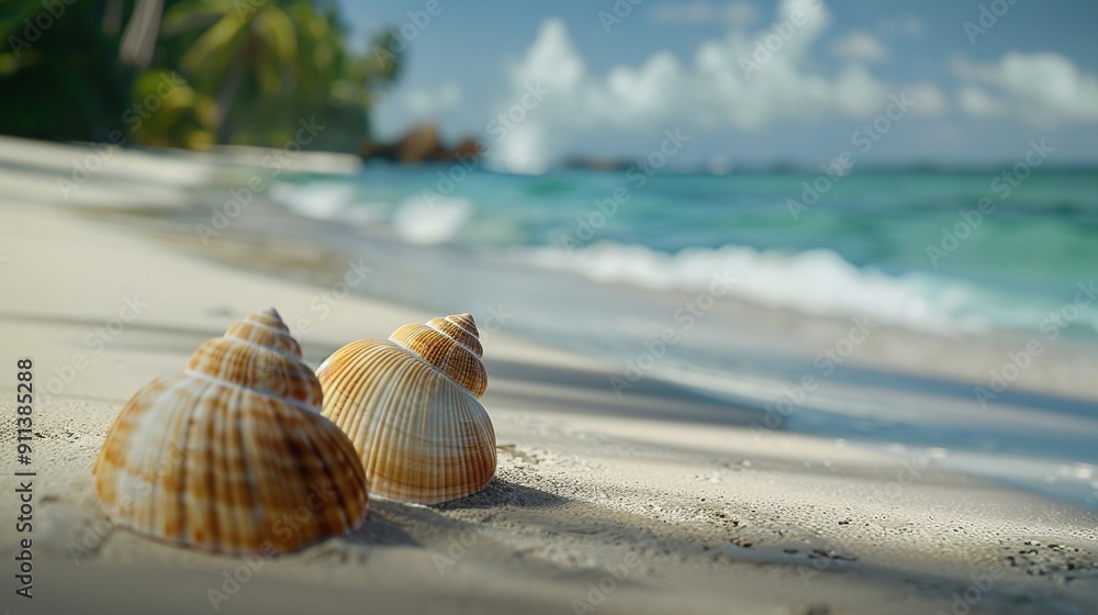 Two beautiful sea shells on sandy tropical beach by the ocean with clear blue sea and sky in background. Generative Ai Two beautiful sea shells on sandy tropical beach by the ocean with clear blue sea and sky in background. Generative Ai