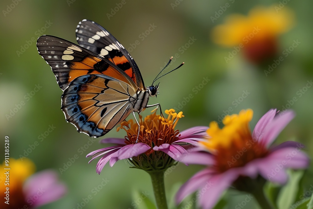 Fototapeta premium A butterfly with orange, black, and blue wings is perched on a purple flower. 