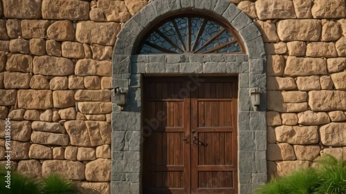 Video footage of closed wooden double door set within a stone archway. The door has metal studs and is framed by a stone wall with visible, rough-hewn blocks