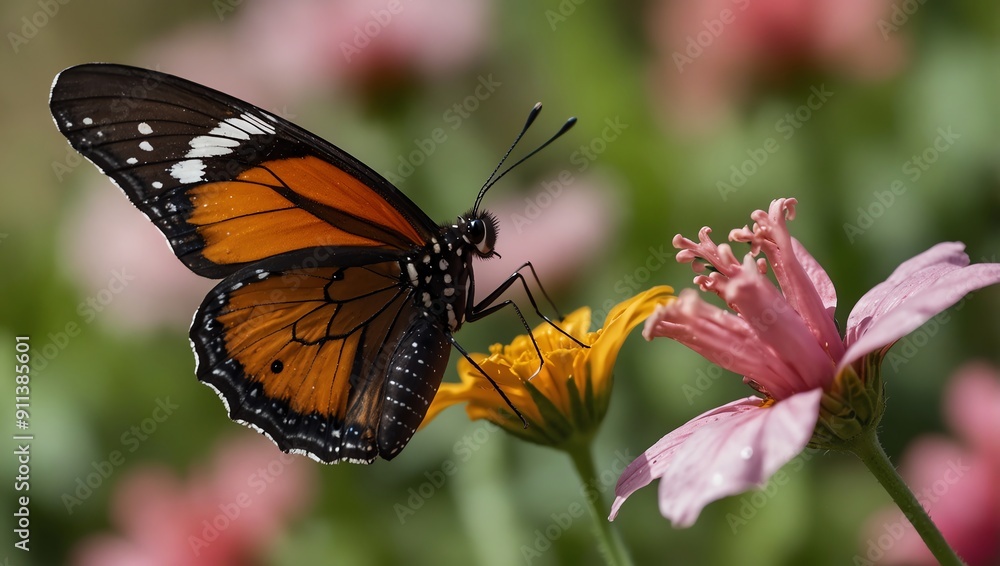 The image is a close-up of an orange and black butterfly with white markings The image is a close-up of an orange and black butterfly with white markings