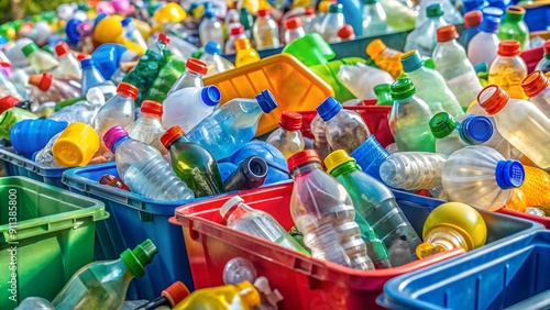 A Symphony of Plastic: A Vibrant Close-Up of Recycling Bins Overflowing with Colorful Bottles  Generative AI photo