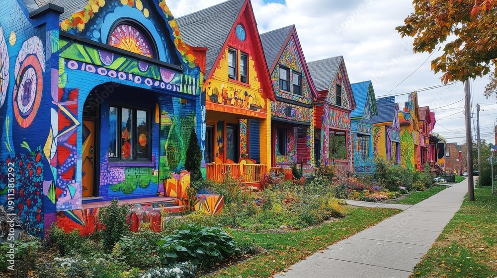 Obraz premium A colorful, artistic neighborhood featuring houses painted with murals and vibrant patterns, showcasing community creativity.