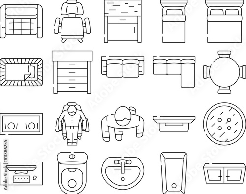 plan floor home icons set vector. house kitchen, architect room, architecture interior, apartment view, bathroom top plan floor home black contour illustrations