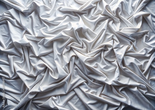 Intricately crinkled white bed sheets transformed into stylized textured backdrops, showcasing AI's creative prowess in algorithmically generating unique, maze-like patterns and folds. photo