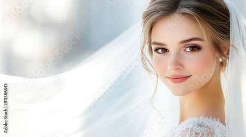 A smiling bride stands gracefully by a serene golf course, showcasing her elegant dress and flowing veil as sunlight casts a warm glow