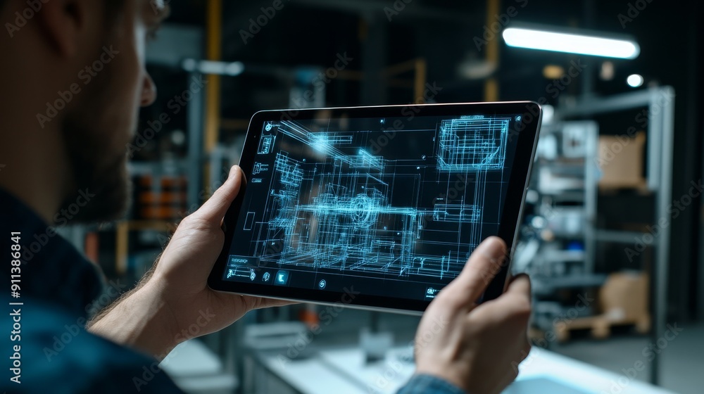 A robotics engineer uses an Augmented Reality tablet computer to run Augmented Reality software. Robotic arm holds a microchip. Automation startup's research and development office. A robotics engineer uses an Augmented Reality tablet computer to run Augmented Reality software. Robotic arm holds a microchip. Automation startup's research and development office.