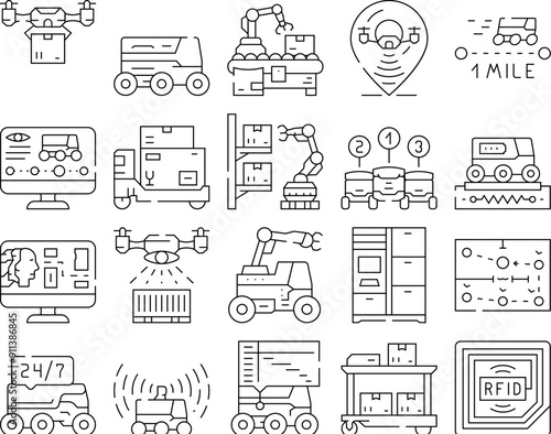 autonomous robot delivery icons set vector. technology transport, autonomous industry, vehicle, transportation, automated autonomous robot delivery black contour illustrations