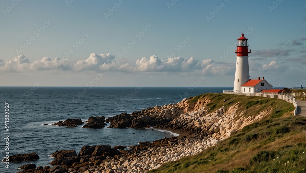 Naklejka premium A white and red lighthouse on a cliff overlooking a body of water.